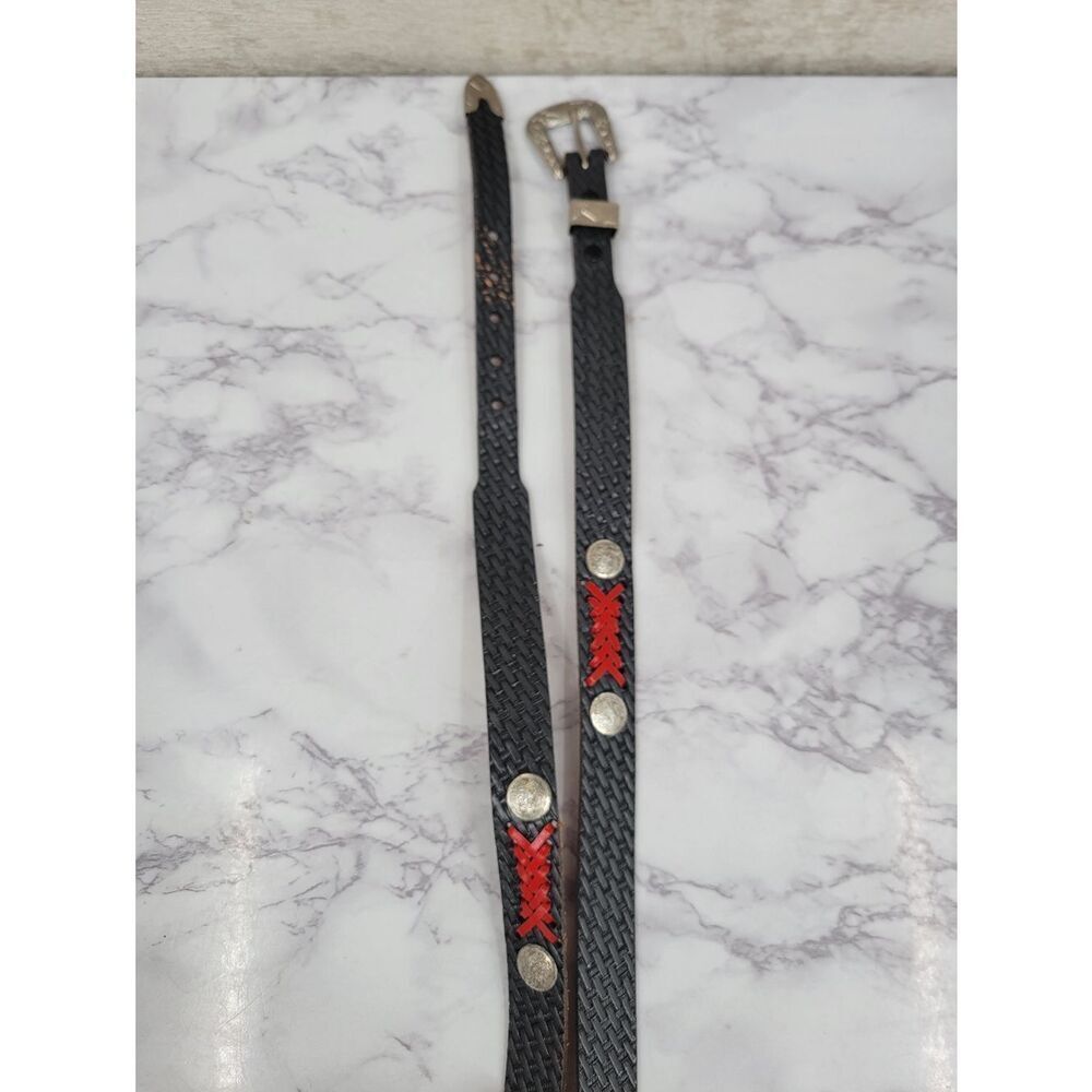 Gray Leather Basket Weave Embossed Belt with Red Lace Accent and Conchos